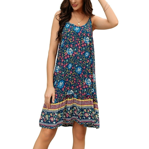 SWQZVT Womens Fashion Summer Dress Boho Floral Dress for Women Sexy Short Sleeve Swing Mini Dresses Blue