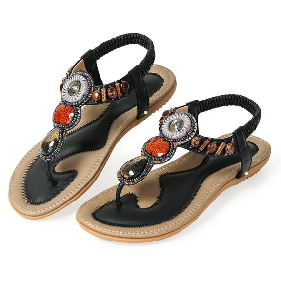 SWQZVT Womens Flat Sandals Boho Sandals for Woman Dressy Summer Casual Thong Beach Sandals Black Shoes 2024