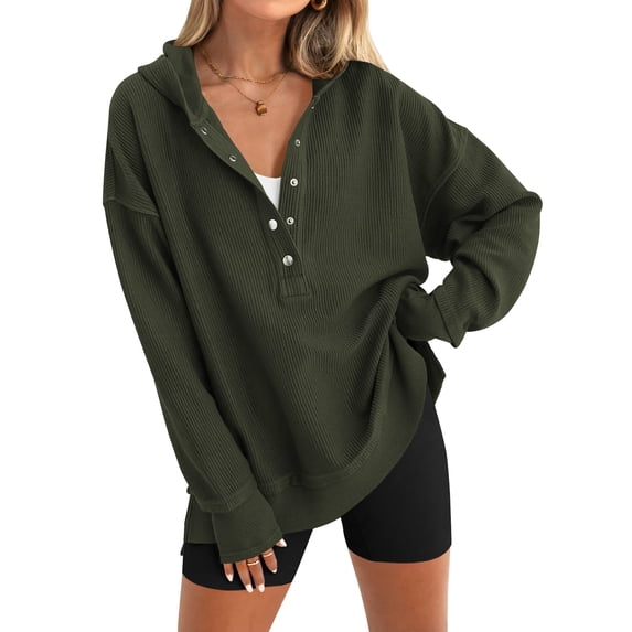 SWQZVT Womens Hoodies Fall Button Up V Neck Long Sleeve Hooded Pullover Casual Oversized Side Slit Womens Sweatshirts L
