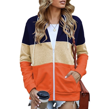 SWQZVT Womens Hoodies Full Zip Up Long Sleeve Tops Lightweight Hooded Sweatshirts Fall Winter Tops Coat Color Block Fashion Pockets Jacket Trendy Orange Size L