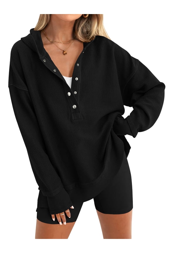 Womens Hoodies Oversized Long Sleeve Hooded Sweatshirts Casual Button Up Side Slit V Neck Womens Pullover 2XL