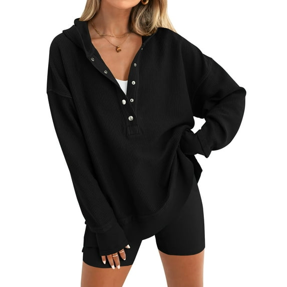 SWQZVT Womens Hoodies Oversized Long Sleeve Hooded Sweatshirts Casual Button Up Side Slit V Neck Womens Pullover L