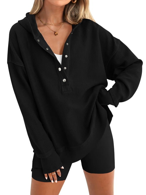 Womens Hoodies Oversized Long Sleeve Hooded Sweatshirts Casual Button Up Side Slit V Neck Womens Pullover L