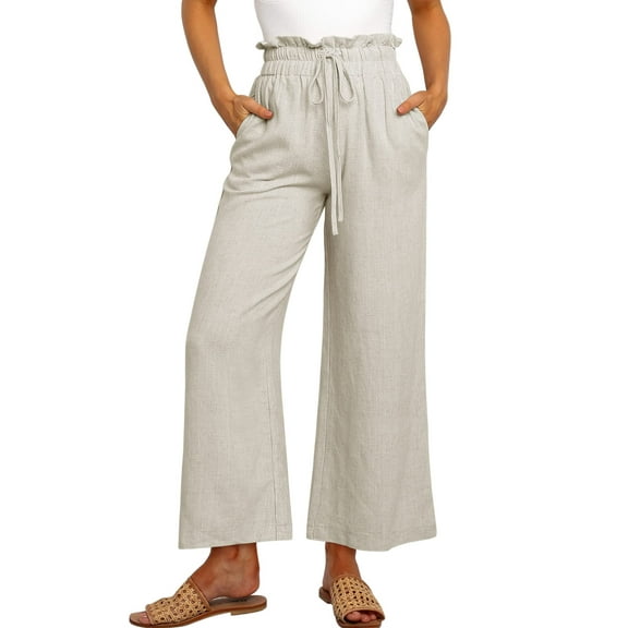 SWQZVT Womens Linen Pants Casual Loose High Waist Wide Leg Cropped Palazzo Beach Pants for Womens Clothes Summer Trendy Pants with Pocket Drawstring Trousers Adjustable Waisted Slacks
