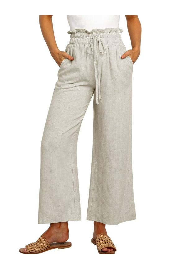 Womens Linen Pants Casual Loose High Waist Wide Leg Cropped Palazzo Beach Pants for Womens Clothes Summer Trendy Pants with Pocket Drawstring Trousers Adjustable Waisted Slacks