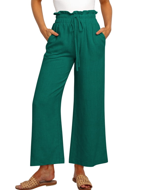 Womens Linen Pants Summer Wide Leg Casual Loose High Waist Drawstring Palazzo with Pockets Womens Clothes Trendy Trousers Adjustable Waisted Slacks