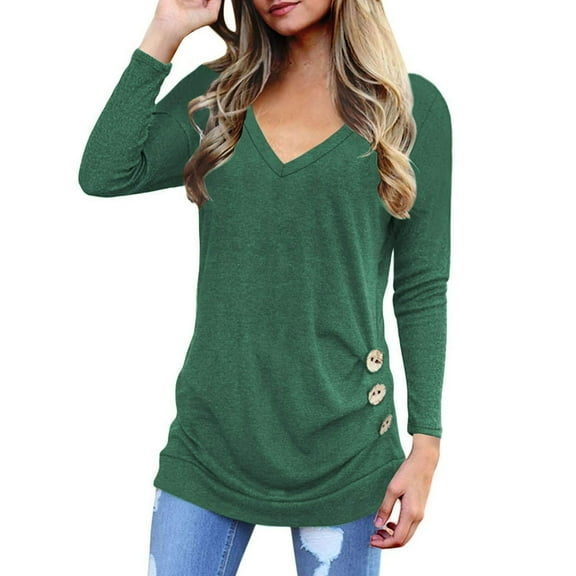 SWQZVT Womens Long Sleeve Shirts Casual V Neck Tops Going Out Blouses with Side Buttons Decor Green Tees