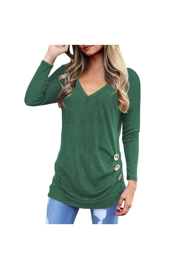 Womens Long Sleeve Shirts Casual V Neck Tops Going Out Blouses with Side Buttons Decor Green Tees