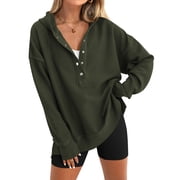 Womens Hoodies Fall Button Up V Neck Long Sleeve Hooded Pullover Casual Oversized Side Slit Womens Sweatshirts L