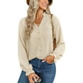 thumbnail image 1 of SWQZVT Womens Long Sleeve Tops Button Decor Solid Color Blouses V Neck Casual Loose Ruffle Apricot Shirts, 1 of 6