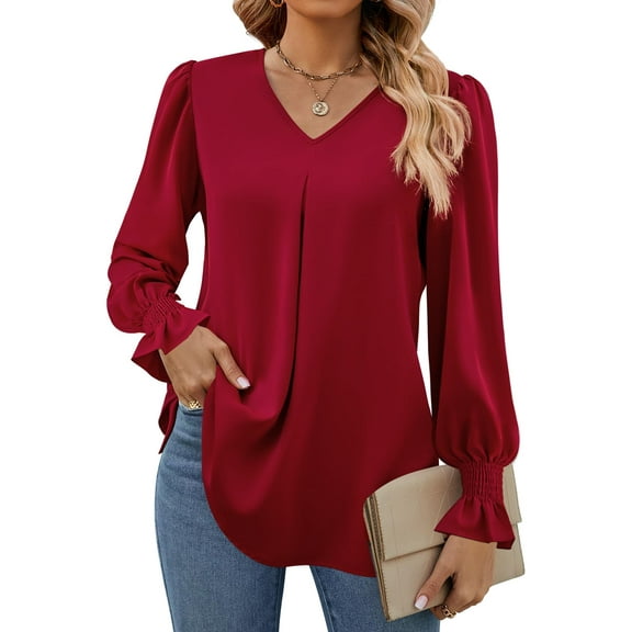 SWQZVT Womens Long Sleeve Tops Dressy Casual V Neck Tunic Shirts Loose Chiffon Work Blouses Pleated Business Blouses