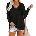 thumbnail image 1 of SWQZVT Womens Long Sleeve Tops Solid Casual Comfy Shirts Holiday Tops for Women 2023 T-shirts with Pocket Loose Crewneck Tee Blouse Black, 1 of 4