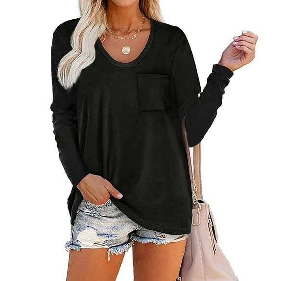 SWQZVT Womens Long Sleeve Tops Solid Casual Comfy Shirts Holiday Tops for Women 2023 T-shirts with Pocket Loose Crewneck Tee Blouse Black