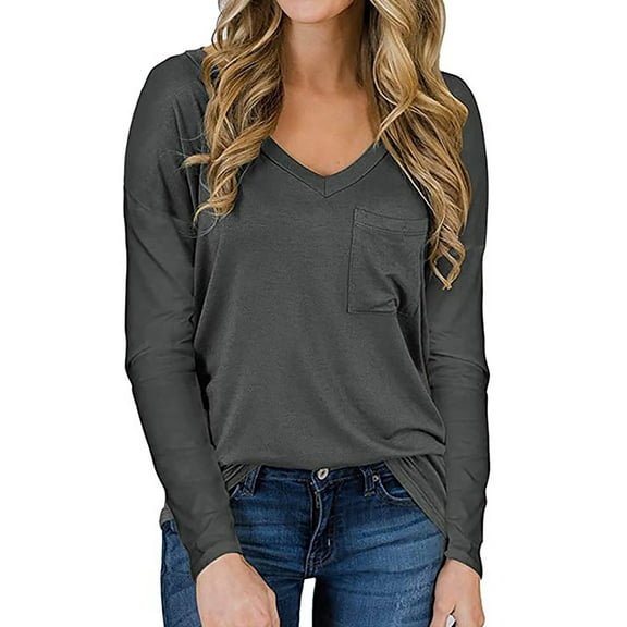 SWQZVT Womens Long Sleeve Tops V Neck with Pocket Grey Tee Plain Color Tops Comfy Sexy Blouses Loose Fitting Tshirts