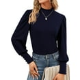 thumbnail image 1 of SWQZVT Womens Mock Neck Puff Long Sleeve Tops Casual Loose Solid Basic T Shirt Button Cuffs Pullovers Shirts Blouse, 1 of 6