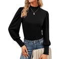 thumbnail image 1 of SWQZVT Womens Mock Neck Puff Long Sleeve Tops Casual Loose Solid Basic T Shirt Button Cuffs Pullovers Shirts Blouse, 1 of 6
