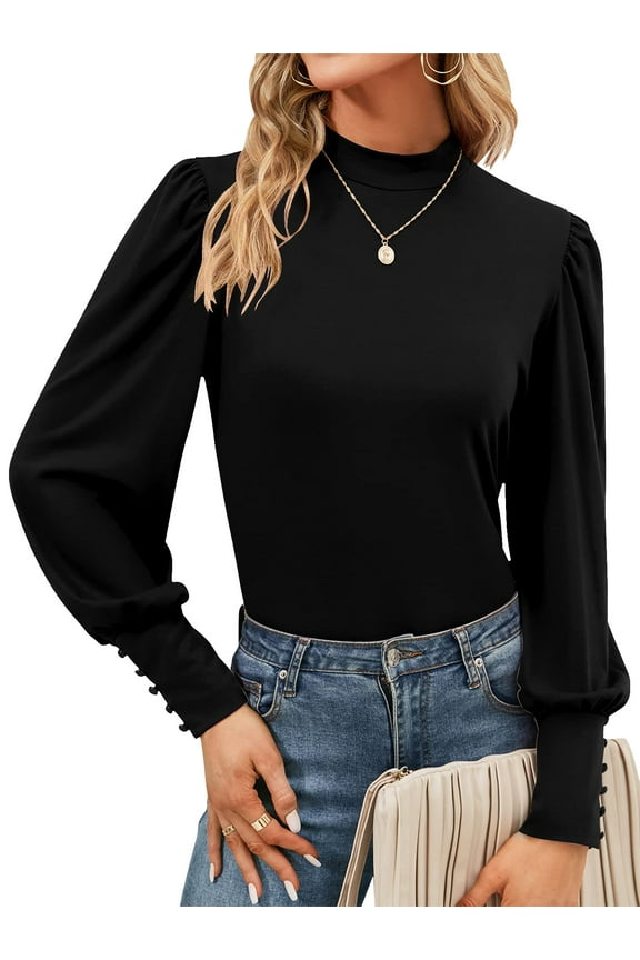 Womens Mock Neck Puff Long Sleeve Tops Casual Loose Solid Basic T Shirt Button Cuffs Pullovers Shirts Blouse
