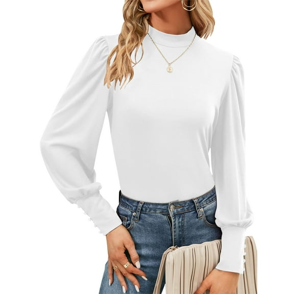 SWQZVT Womens Mock Neck Puff Long Sleeve Tops Casual Loose Solid Basic T Shirt Button Cuffs Pullovers Shirts Blouse