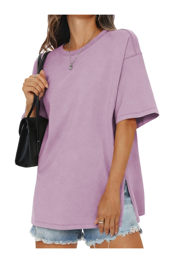 Womens Oversized T Shirts Cotton Loose Fit Crewneck Short Sleeve Side Slit Summer Casual Basic Tee
