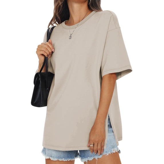 SWQZVT Womens Oversized T Shirts Cotton Loose Fit Crewneck Short Sleeve Side Slit Summer Casual Basic Tee