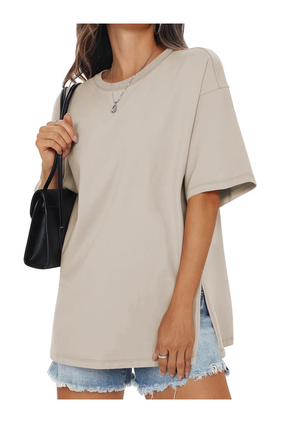 Womens Oversized T Shirts Cotton Loose Fit Crewneck Short Sleeve Side Slit Summer Casual Basic Tee