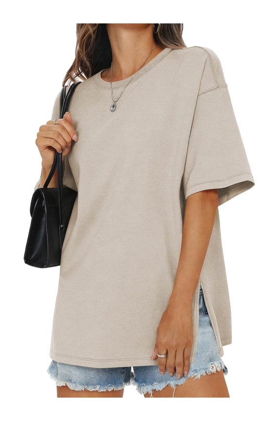 Womens Oversized T Shirts Cotton Loose Fit Crewneck Short Sleeve Side Slit Summer Casual Basic Tee