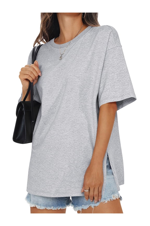 Womens Oversized T Shirts Cotton Loose Fit Crewneck Short Sleeve Side Slit Summer Casual Basic Tee