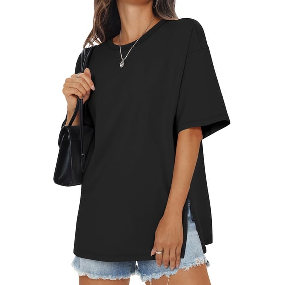 SWQZVT Womens Oversized T Shirts Cotton Loose Fit Crewneck Short Sleeve Side Slit Summer Casual Basic Tee