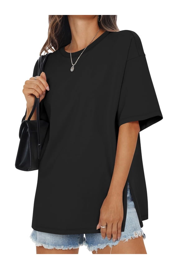 Womens Oversized T Shirts Cotton Loose Fit Crewneck Short Sleeve Side Slit Summer Casual Basic Tee