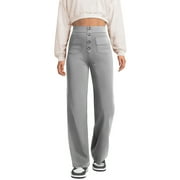 SWQZVT Womens Pants High Waist Straight Leg Pants Button Down Bottoms Work Pants Trousers with Pockets Womens Clothes Elastic Waisted Stretch Business Work Slacks