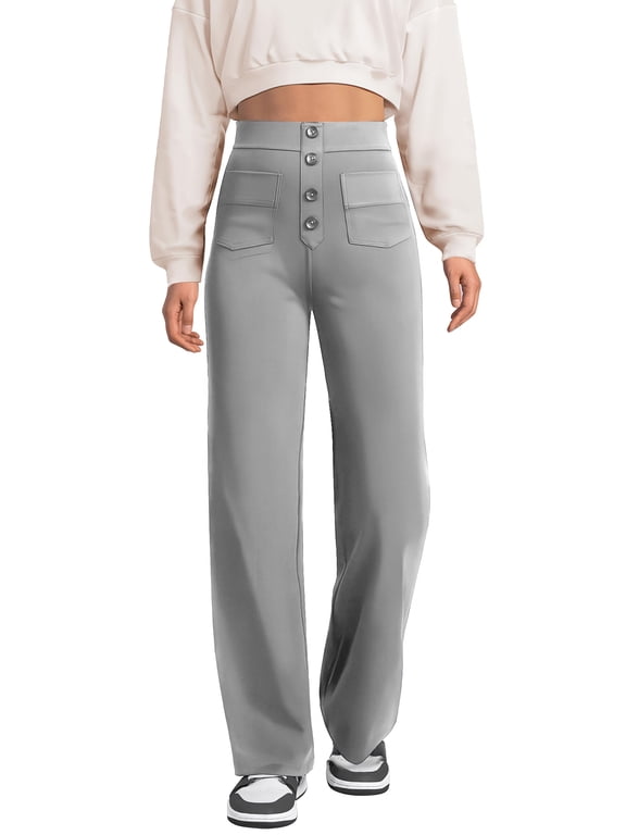 Womens Pants High Waist Straight Leg Pants Button Down Bottoms Work Pants Trousers with Pockets Womens Clothes Elastic Waisted Stretch Business Work Slacks
