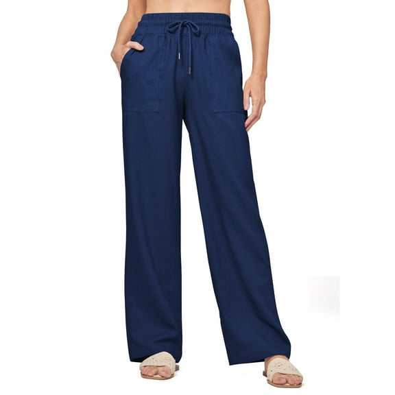 SWQZVT Womens Pants Linen Summer Cargo Casual Pants for Women Navy Blue Wide Leg Loose Drawstring Pants with Pocket Lounge Soft Lightweight Work Pant M