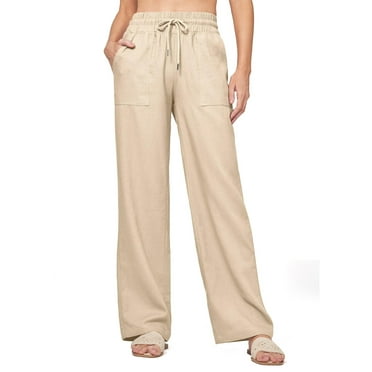 SWQZVT Womens Pants Linen Summer Cargo Casual Pants for Women Apricot Wide Leg Loose Drawstring Pants with Pocket Lightweight Lounge Comfort Pant L