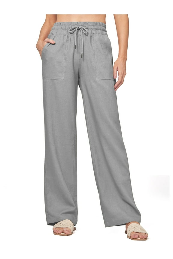Womens Pants Linen Summer Cargo Casual Pants for Women Gray Drawstring Lightweight Side Pocket Pant Loose Wide Leg Comfort Linen Pants S