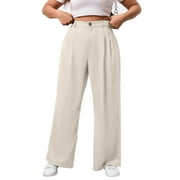 SWQZVT Womens Pants Plus Size Wide Leg Dress Pants for Women Beige Casual Business Pants with Pockets High Waisted Slacks XL