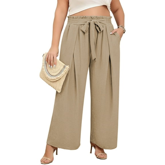 LANREMON Womens Pants Plus Size Wide Leg Summer Casual High Waisted Pants for Women Loose Flowy Work Khaki Pants for Women Pants XL