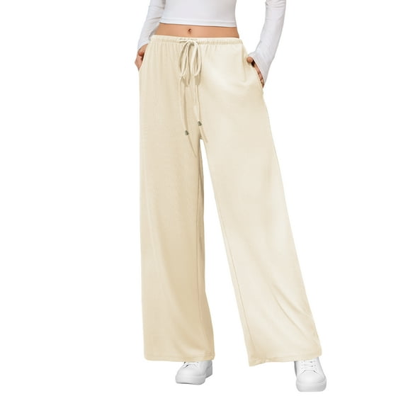 SWQZVT Womens Pants Waffle Wide Leg Casual Pants for Women Drawstring Loose Knit Lounge Pants Beige Ladies Comfy Pant L