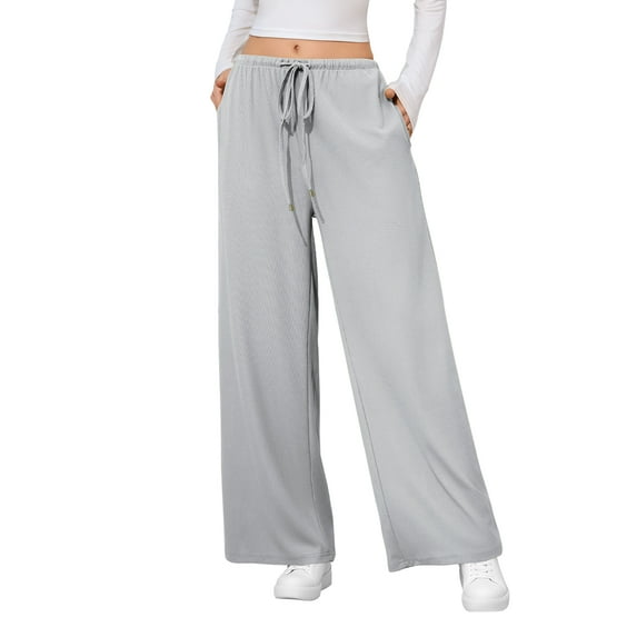 SWQZVT Womens Pants Waffle Wide Leg Casual Pants for Women Drawstring Workout Comfy Lounge Pants Grey with Pockets L