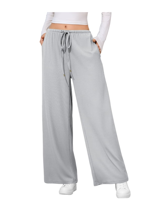 Womens Pants Waffle Wide Leg Casual Pants for Women Drawstring Workout Comfy Lounge Pants Grey with Pockets L