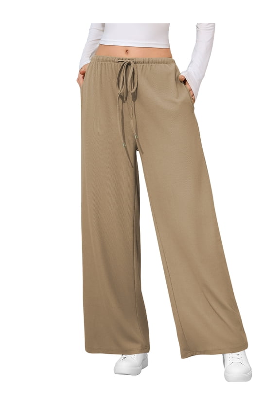 Womens Pants Waffle Wide Leg Casual Pants for Women Khaki Loose Fit Drawstring Lounge Pants Ladies Knit Pant L