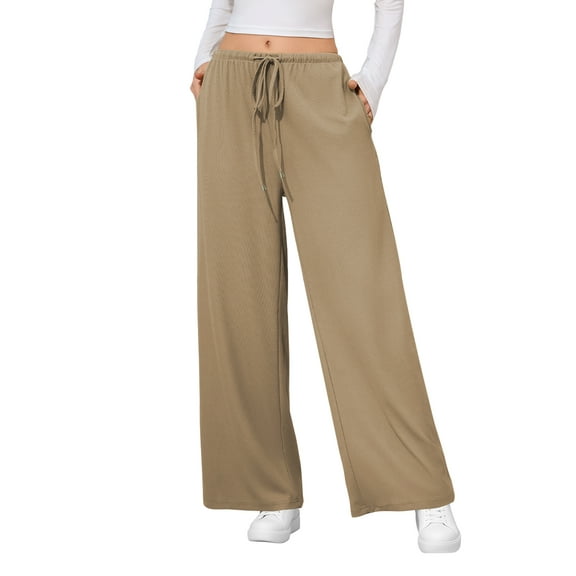 SWQZVT Womens Pants Waffle Wide Leg Casual Pants for Women Khaki Loose Fit Drawstring Lounge Pants Ladies Knit Pant XXL