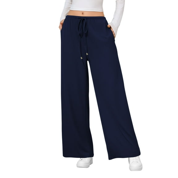 SWQZVT Womens Pants Waffle Wide Leg Casual Pants for Women Loose Drawstring Lounge Pants Dark Blue Ladies Knit Comfy Pant L
