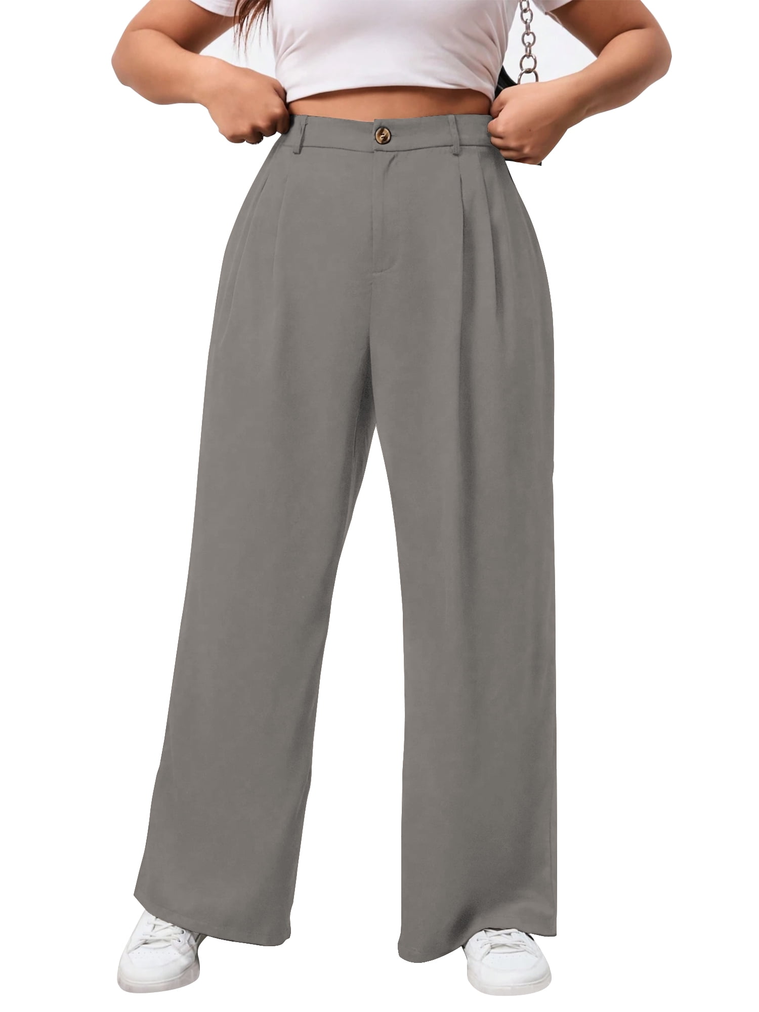 SWQZVT Womens Pants Wide Leg Dress Pants Grey Plus Size Pants with Pockets Casual Business Pants Soft Loose Fit Trousers 3XL