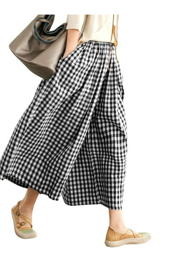 Womens Pants Wide Leg Gingham Cotton Pants for Women Casual Loose Blackwhite Checkered Palazzo Lounge Women's Pants M