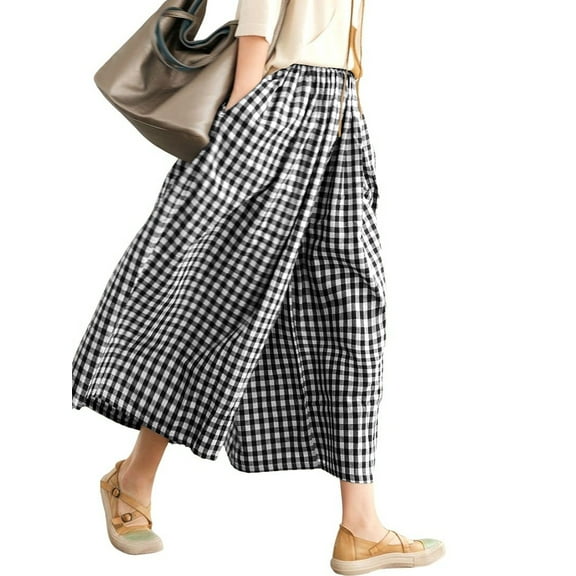 SWQZVT Womens Pants Wide Leg Gingham Cotton Pants for Women Casual Loose Blackwhite Checkered Palazzo Lounge Women's Pants M