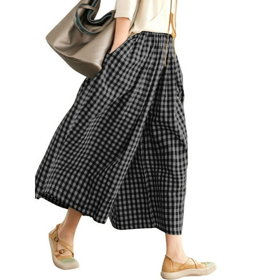 SWQZVT Womens Pants Wide Leg Gingham Cotton Pants for Women Ladies Grayblack Plaid Comfort Soft Lounge Pant with Pockets XL