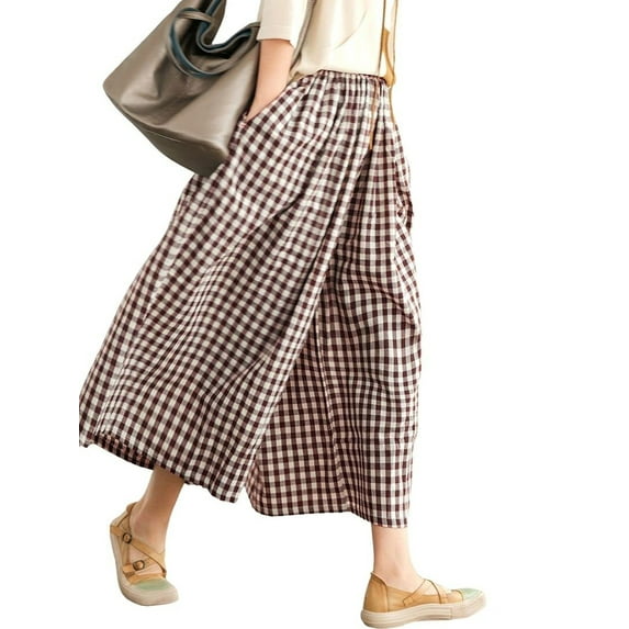 SWQZVT Womens Pants Wide Leg Gingham Cotton Pants for Women Ladies Loose Fit Brownwhite Plaid Comfort Soft Lounge Pant L