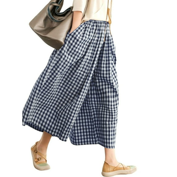 SWQZVT Womens Pants Wide Leg Gingham Cotton Pants for Women Loose Bluewhite Checkered Elastic Waist Lounge Women's Pants L
