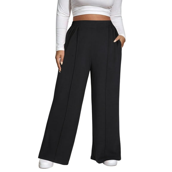 SWQZVT Womens Plus Size Pants Elastic Waisted Wide Leg Casual Pants for Women Comfort Loose Lounge Trousers with Pockets 3XL