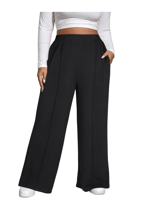 Womens Plus Size Pants Elastic Waisted Wide Leg Casual Pants for Women Comfort Loose Lounge Trousers with Pockets L